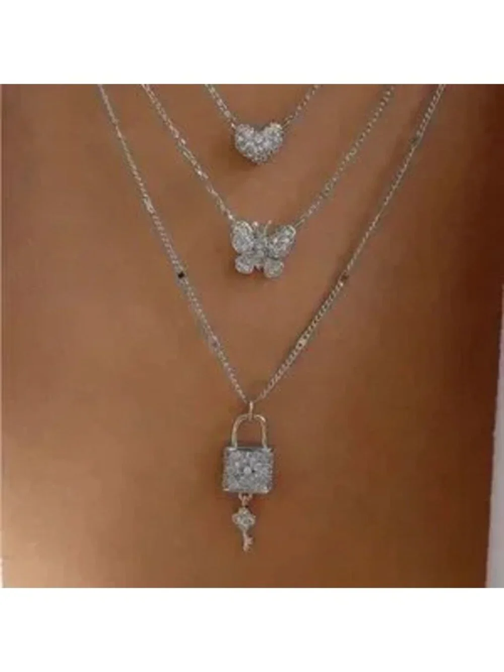 Silver 1pc Heart Lock Crystal Layered Necklace